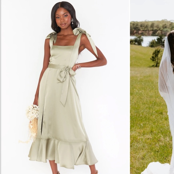 Claire Moss Green Luxe Satin Show Me Your Mumu Midi Bridesmaid Dress